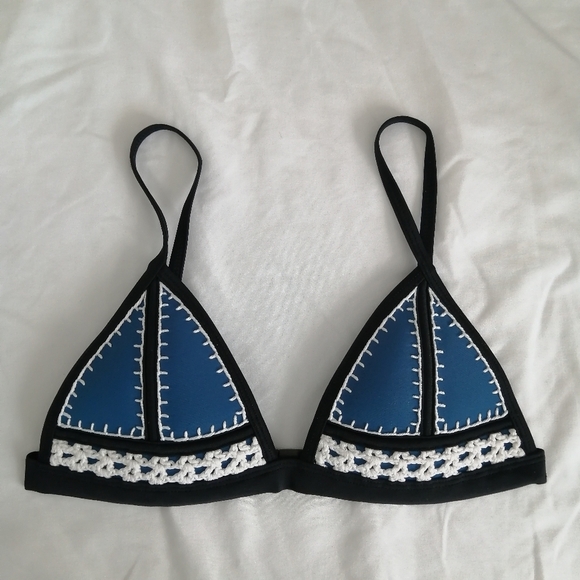 Triangl Crochet Neoprene Bikini Top Navy with Blue and White Swim Bathing XS - Picture 9 of 13